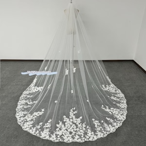 Floral Cathedral Wedding Veil: 3D Flower & Pearl Tulle Veil
