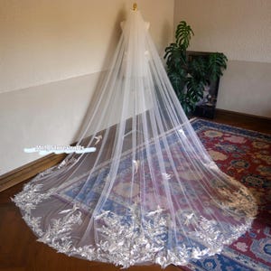 Floral Bridal Veil: Ivory Cathedral Length Tulle with Bird Appliques