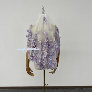 Purple Floral Applique Wedding Veil - Elbow Length Tulle Veil
