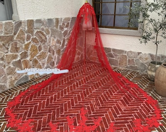 Roter Blumenspitze Brautschleier: Königliche Länge Mantilla
