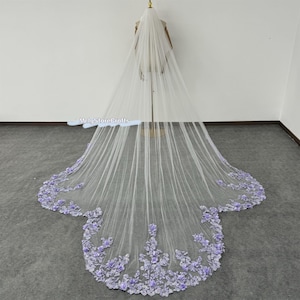 Purple Floral Applique Cathedral Wedding Veil: Ivory Tulle, Shimmer Sequins