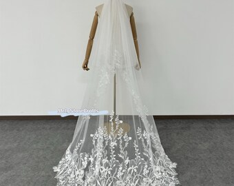 Floral Lace Wedding Veil: Double Layer Ivory Tulle, Floor Length