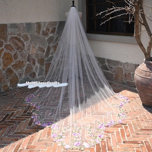 Floral Applique Wedding Veil: Ivory Tulle, Purple Flowers, Cathedral Length