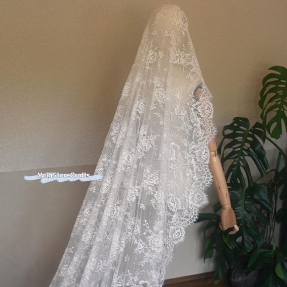 Floral Lace Cathedral Veil: Ivory Bridal Mantilla Hijab