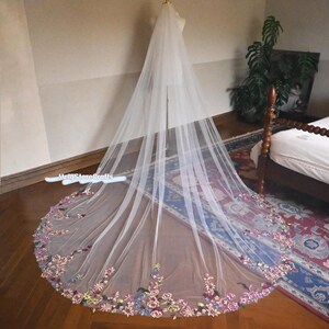 Floral Lace Cathedral Wedding Veil - Ivory Tulle, Custom Length