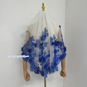 Blue Floral Applique Wedding Veil: Ivory Tulle, Elbow Length