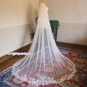 Champagne Chapel Length Wedding Veil: Floral Appliques & Pearl Embellishments