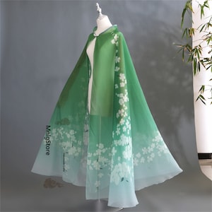 Gradient Green Chiffon Cape, Floral Cape For Women, Performance Cape, Dress Overall, Cosplay Cape For Adults