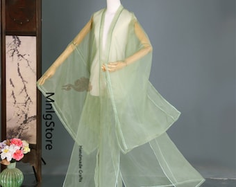 Green Organza Cape, Wide Sleeve Gown, Dress/Camisole Overall, Long Cape, Fairy Cape, Adult Gown, Large Size Cape, Cosplay Cape