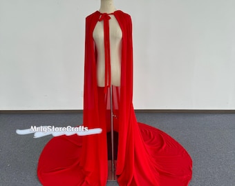 Fairy Red Chiffon Hooded Cape, Flowing Cape, Support Custom Color/Length