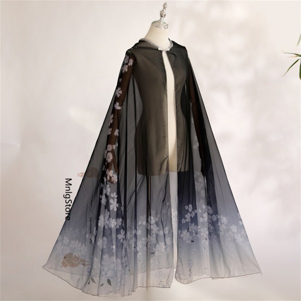 Black Floral Cape, Gradient Black Cape, Fairy Cape, Performance Cape, Dancing Cape For Girls, Dress Overall