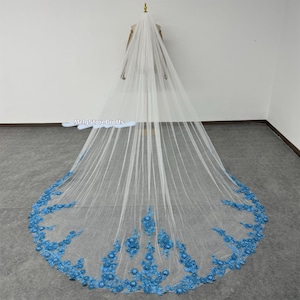 Floral Bridal Veil: Blue 3D Flower Appliques, Cathedral Length