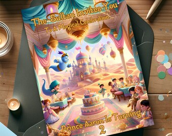 May include: A colorful invitation card with a cartoon genie flying over a desert landscape with a castle in the background. The text reads "The Sultan Invites You To A Magical Celebration Prince Aaron Is Turning 2".