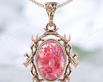 Unique Padparadscha Gemstone Pendant For Women 14k Gold Padparadscha Tree Style Pendant Antique Branch Style Necklace Wedding Gift For Her