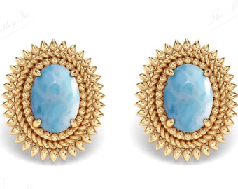 Natural Larimar Gemstone Earrings Oval Cut Larimar Stud Earrings 14k Gold  Larimar Halo Stud Earrings Unique Sunburst Stud Earrings For Her