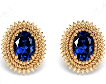 Oval Blue Sapphire Stud Earrings 14k Gold Sapphire Sunburst Earrings Oval Cut Sapphire Stud Earrings Halo Style Earrings Gift For Her