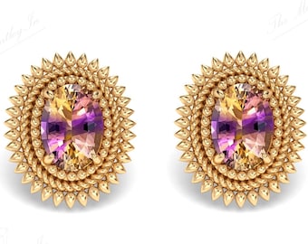 Natural Ametrine Gemstone Sunburst Earrings Vintage Halo Stud Earrings 14K Gold Ametrine Studs Oval Cut Ametrine Stud Earrings Gift For Her