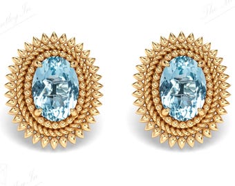 14k Gold Natural Aquamarine Sunburst Stud Earrings Oval Halo Stud Earrings For Women Unique Vintage Style Studs Earring Wedding Gift For Her