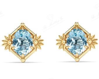 14k Gold Aquamarine Floral Stud Earrings For Women Oval Cut Aquamarine Stud Earrings Vintage Style Stud Earrings Anniversary Gift For Her