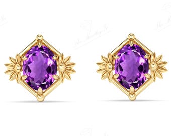 Oval Amethyst Floral Stud Earrings 14k Gold Amethyst Earrings For Women Unique Purple Gemstone Stud Vintage Flower Studs Gift For Her