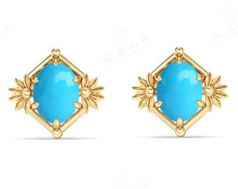 Sleeping Beauty Turquoise Gemstone Stud Earrings 925 Silver Turquoise Filigree Stud Earrings Oval Cut Turquoise Floral Stud Earrings For Her
