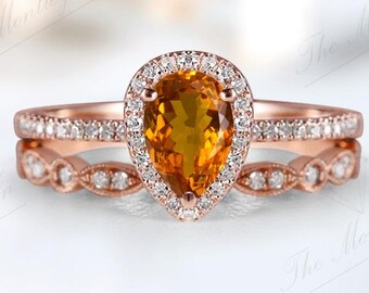 Natural Madeira Citrine Wedding Ring Set 14k Gold Maderia Citrine Ring Set For Women Unique Halo Style Ring Set Wedding Gift For Her
