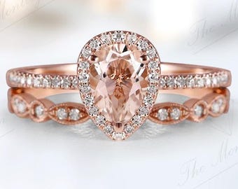 Natural Morganite Gemstone Ring Set For Women 925 Silver Morganite Wedding Ring Set Unique Halo Bridal Ring Set Gift For Her