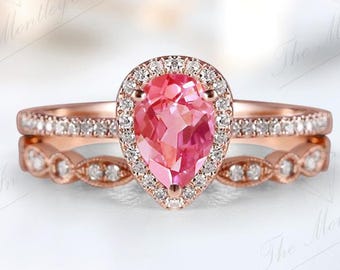 Vintage Padparadscha Gemstone Ring Set For Women 14K Gold Padparadscha Bridal Ring Set Unique Halo Style Ring Set Wedding Gift For Her