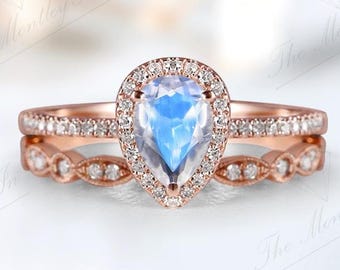 Pear Cut Moonstone Wedding Ring Set for Women Vintage Halo Engagement Ring Set 925 Silver Moonstone Bridal Ring Set Wedding Gift For Her