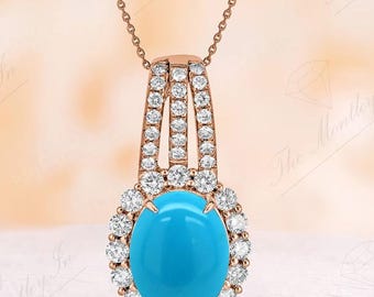Natural Turquoise Gemstone Bracelet For Women 14k Gold Turquoise Wedding Necklace Unique Halo Bridal Pendant Anniversary Gift For Her