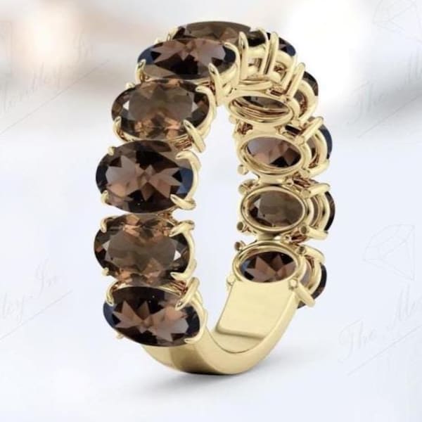 14K Gold Smoky Quartz Eternity Wedding Band For Women Unique Stacking Band Oval Shaped Smoky Quartz Bridal Band Art Deco Half Eternity Band