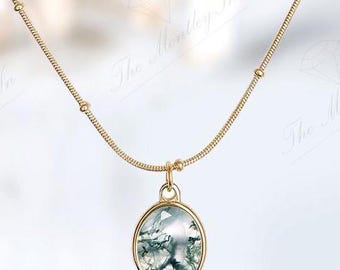 Vintage Moss Agate Pendant For Women 925 Silver Moss Agate Wedding Pendant Oval Shaped Moss Agate Necklace Art Deco Statement Pendant