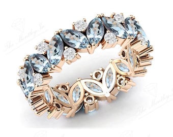 Art Deco Aquamarine Full Eternity Band For Women 925 Silver Aquamarine Wedding Band Marquise Cut Aquamarine Wedding Band Unique Promise Band