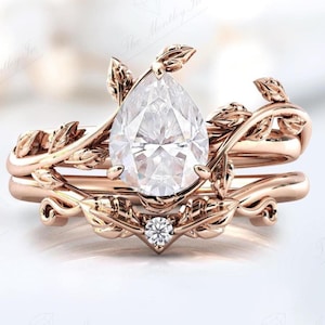 14K Gold Moissanite Engagement Ring Set For Women Pear Cut Moissanite Wedding Ring Set Art Deco Leaf Design Ring Set Unique 2 Piece Ring Set