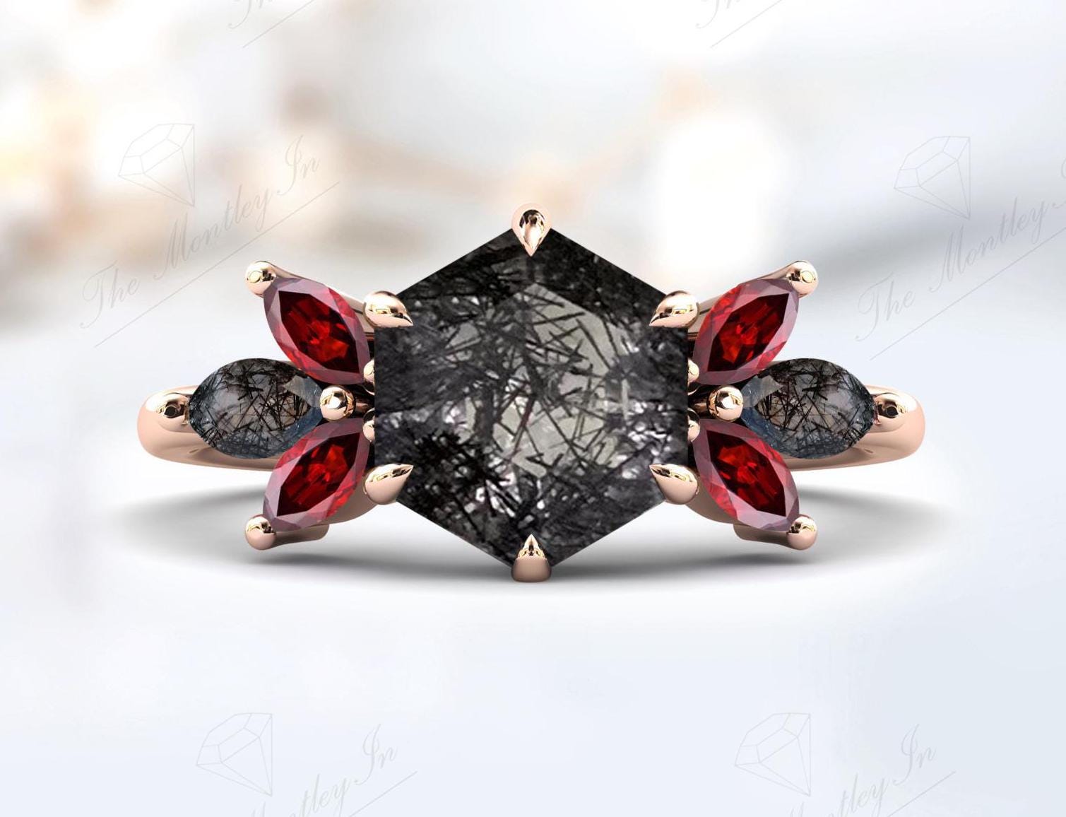 Black Rutilated Quartz Engagement Ring For Women Vintage Hexagon Cut Rutile Wedding Ring 925 Silver Black Rutile Bridal Ring Gift For Women