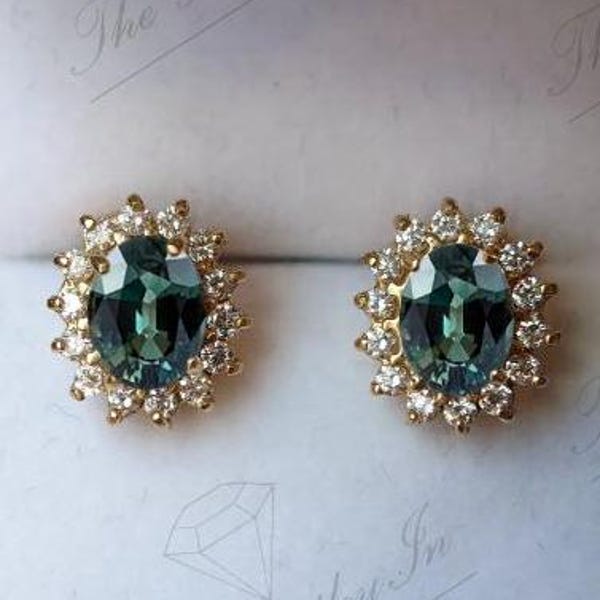 Vintage groenblauw saffieroorbellen voor vrouwen 14K gouden teal saffier bruiloft oorbellen art deco halo design oorbellen unieke clusteroorbellen