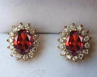 Natural Red Garnet Stud Earrings For Women 14K Gold Red Garnet Wedding Earrings Art Deco Cluster Halo Earrings Anniversary Gift For Her