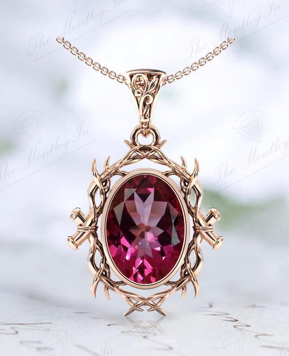 Vintage Pink Tourmaline Pendant For Women Art Deco Tree Style Necklace 925 Sterling Silver Nature Inspired Pendant Unique Statement Pendant