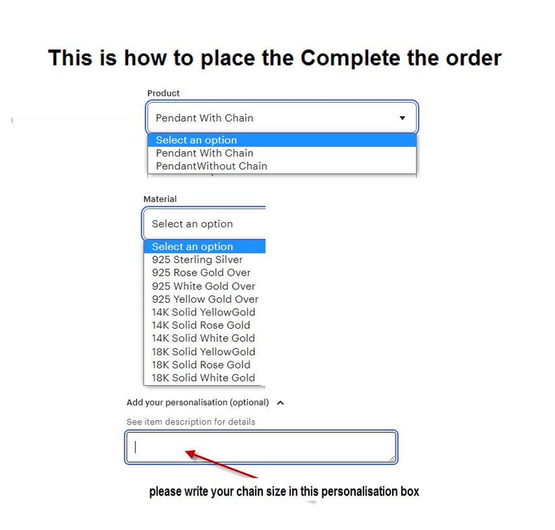 May include: Screenshot of an e-commerce order form. The form includes options for product selection, material choice, and a personalization box for chain size. Text at the top reads, "This is how to place the Complete the order."