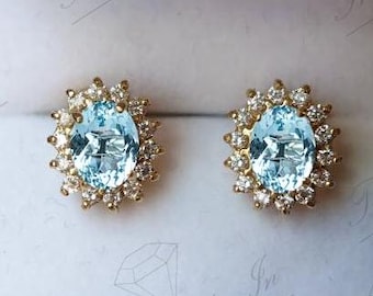 14K Gold Aquamarine Earrings For Women Art Deco Stud Wedding Earrings Oval Shaped Aquamarine Halo Earrings Unique Anniversary Gift For Her