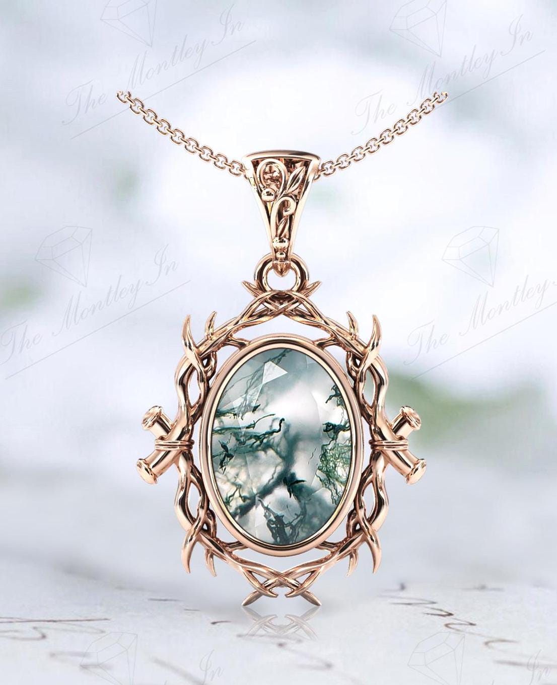 Natural Moss Agate Pendant For Women Vintage Tree Style Wedding Pendant 14K Gold Moss Agate Art Deco Branch Pendant Women Anniversary Gift