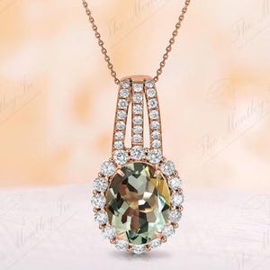 Oval Cut Green Amethyst Pendant For Women 14K Gold Amethyst Vintage Wedding Pendant Art Deco Handmade Pendant Antique Halo Style Pendant