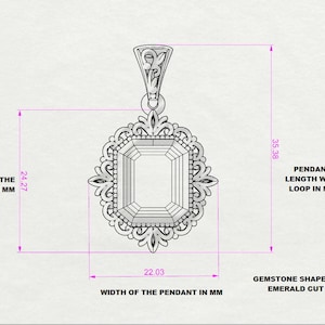 May include: A silver pendant with an intricate design featuring an emerald cut gemstone. The pendant measures 24.27 cm in length and 22.03 cm in width. The gemstone is 12x10 millimetres.