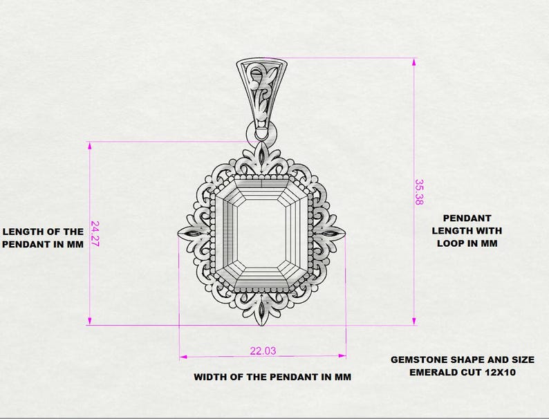 May include: A silver pendant with an intricate design featuring an emerald cut gemstone. The pendant measures 24.27 cm in length and 22.03 cm in width. The gemstone is 12x10 millimetres.