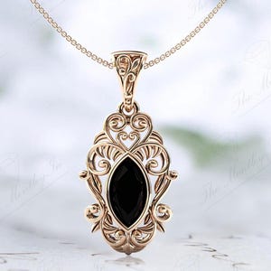 14K Gold Black Onyx Necklace For Women Vintage Filigree Design Wedding Pendant Art Deco Statement Pendant Unique Anniversary Gift For Her