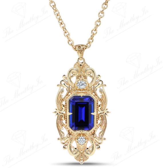 Vintage Blue Sapphire Pendant For Women 925 Silver Blue Sapphire Necklace Art Deco Handmade Pendant Antique Filigree Design Pendant For Her