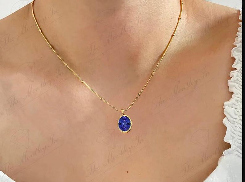 Art Deco Tanzanit Ädelstenshänge För Kvinnor 14K Guld Tanzanit Bröllopshalsband Unikt Statement-hänge Ovalt Tanzanithänge bild 5