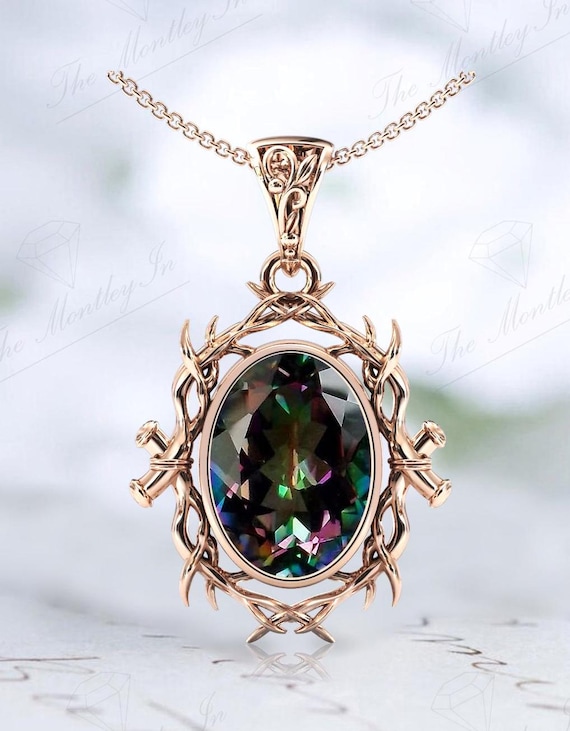 Bio Color Mystic Topaz Necklace For Women 925 Sterling Silver Nature Inspired Pendant Vintage Branch Style Wedding Pendant Anniversary Gift