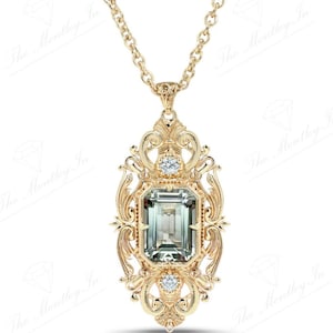 Art Deco Green Amethyst Pendant For Women Unique Filigree Design Pendant 14K Gold Green Amethyst Statement Pendant Art Deco Handmade Pednant