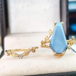 Coffin Shaped Larimar Engagement Ring Set For Women 14K Gold Larimar Art Deco Leaf Style Ring Set Unique 2 Pcs Bridal Ring Set Gift For Her